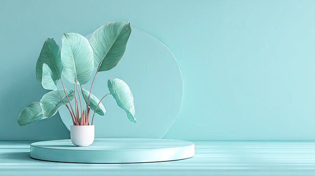 Minimalist presentation stage featuring a tropical foliage plant set against soft pastel background tones