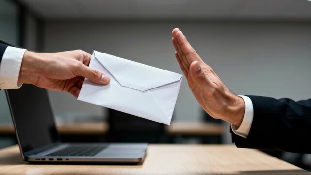 A close-up of a businessman's hand rejecting a bribe in a white envelope over a desk.