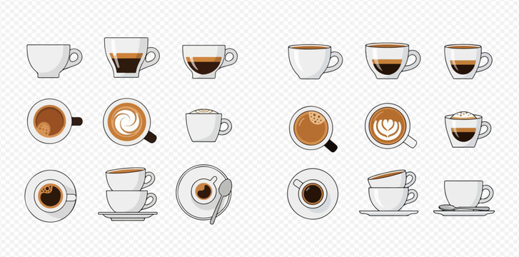 Set of coffee cups with different types of coffee drinks and empty mugs, top and side view illustrations.