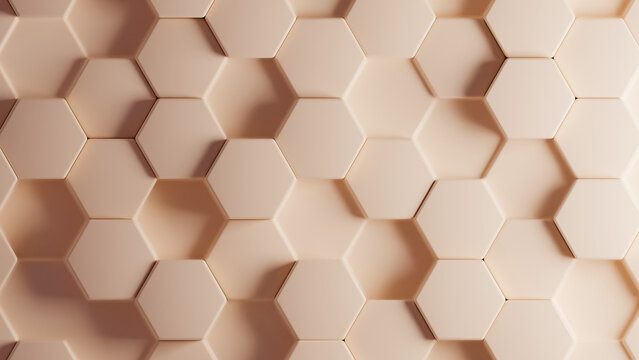 3D background of hexagon pattern on peach color. 3d hexagon pattern with different depths. pattern 3d shape background