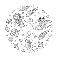 Obraz premium Cute Space Doodle with Astronaut Alien Rocket Planets and Galaxy Illustration