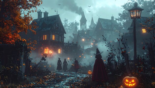 A spooky village scene with witches walking along a cobblestone path. Trees with autumn leaves. Glowing lights from windows