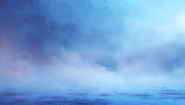 Ethereal icy mist drifts over a cool, textured landscape with a soft light