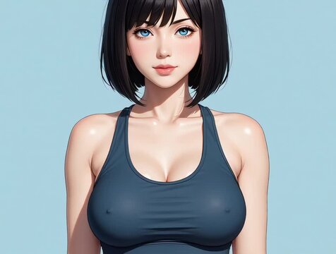 3D Anime Woman with Big Breast in Gray Sports Bra Short Black Bob Hair Blue Eyes Fit Athletic Body Serious Expression on Light Blue Studio Background Animation for Sports