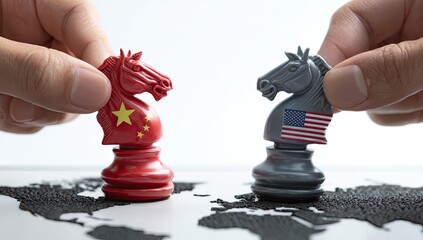 Naklejka premium Two hands positioning chess knights representing China & US. White background, world map base
