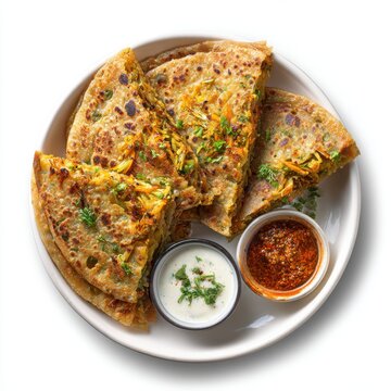 Vegetable Roti with Lunu Miris Sri Lankan breakfast food isolated on a white background