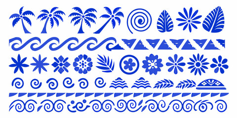 Blue tropical pattern featuring palm trees waves and floral elements © Raben