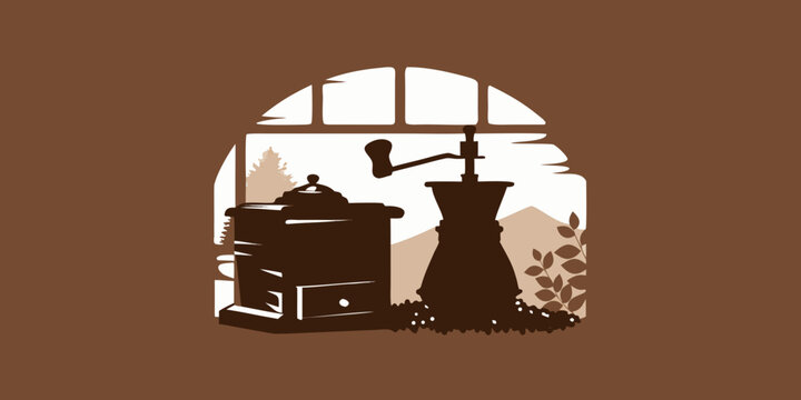 Vintage coffee grinder silhouette against a window with a winter landscape