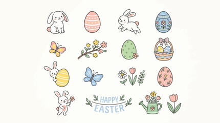 A collection of cute hand-drawn Easter-themed illustrations featuring bunnies, decorated eggs, butterflies, flowers, and a 'Happy Easter' banner in pastel colors. © Terra