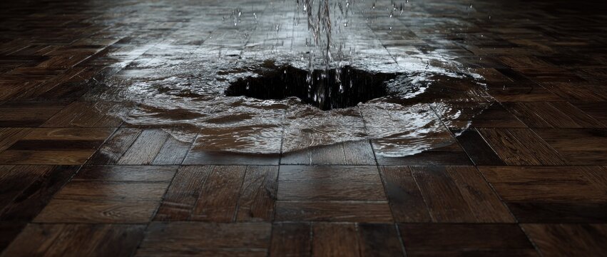 Water pours onto a wooden floor, creating ripples and a dark void