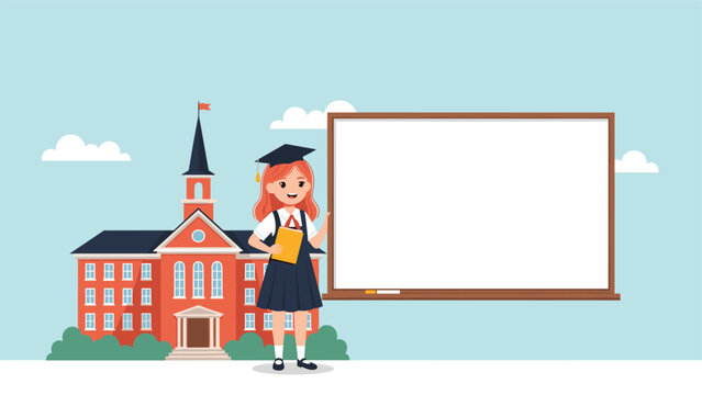 Young girl in a graduation cap standing next to a large blank whiteboard in front of a red brick school building.