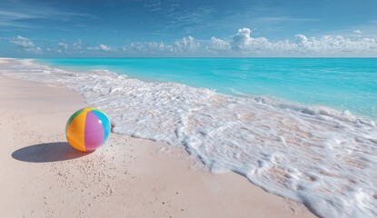 Obraz premium Colorful ball rests on pristine sand as gentle waves lap the shore