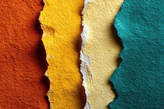 Close up of four torn paper layers in vibrant colors orange, yellow, cream, and teal