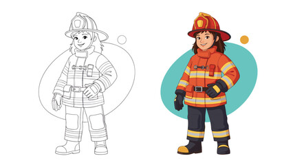 Fototapeta premium Young female firefighter character in full protective gear with helmet and boots shown in both outline and color versions.