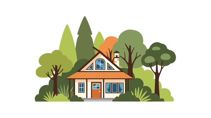 Fototapeta premium Cozy wooden cabin with a red roof nestled in a lush forest with various green and orange trees under a clear sky.