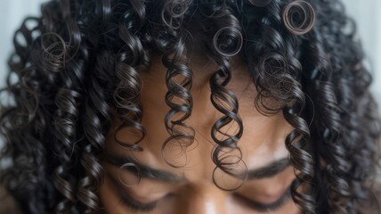 Close-up of woman with curly hair and focused expression