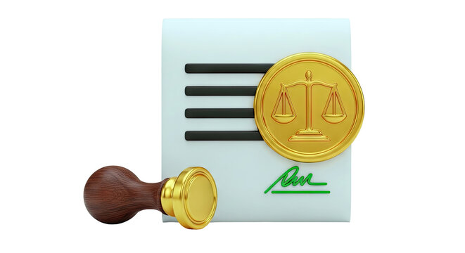3D Icon of a Legal Document with Scales of Justice and Stamp