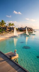 Obraz premium Tropical Paradise with Sailboats and Overwater Bungalows at Sunset.