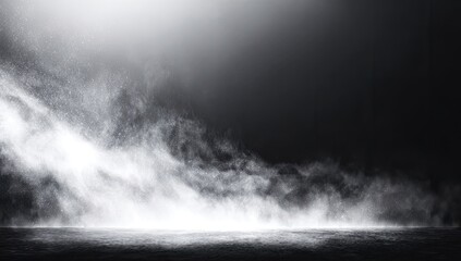 Fototapeta premium Ethereal mist swirls upwards from a textured dark ground, illuminated by a bright light source
