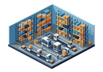 Obraz premium Isometric Warehouse with Storage Racks and Machines.