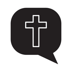 Obraz premium Vector solid icon featuring a Christian cross symbol inside a minimalist speech bubble, representing religious communication. Modern filled design on white.