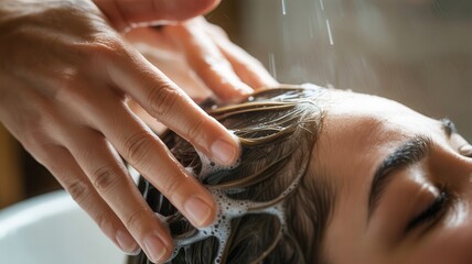 Naklejka premium Woman receiving relaxing hair wash treatment with shampoo and water