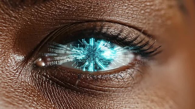 A compelling visual of a human eye transforming into a glowing bionic circuit, symbolizing the future of Digital Youth Connect and innovation for International Youth Day.