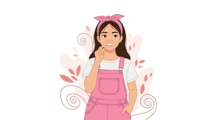Fototapeta premium Charming young girl in pink denim overalls and a matching headband looking up thoughtfully with a sweet smile.