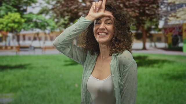 Woman holding hand to forehead forming l sign, smiling broadly, wearing sheer green blouse over white tanktop in front of building at a park; playful confidence.