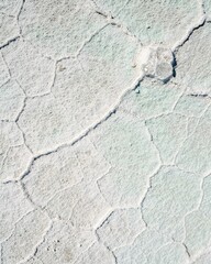 Obraz premium Cracked pale textured surface with weathered plaster detail, abstract background showing dryness, rough mineral pattern, subtle tonal variation, and clean natural copy space