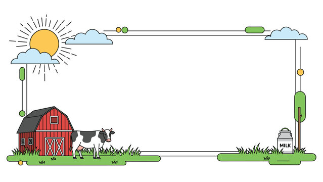 Rural farm scene featuring a red barn a dairy cow grazing on grass and a milk can next to a tree within a decorative frame border.