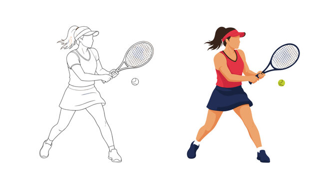 Comparison showing a line art drawing and a flat color illustration of a female tennis player preparing to hit a backhand shot.