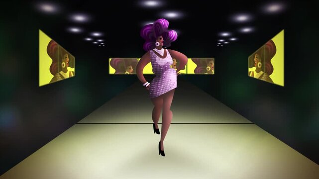 beautiful african drag queen model walking on fashion catwalk with elegant dress