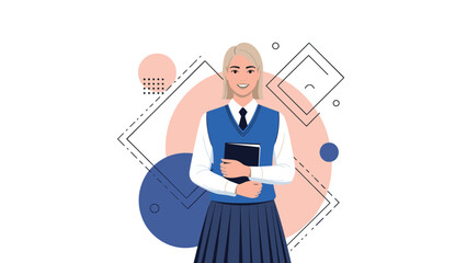 Obraz premium Professional woman with blonde hair wearing a blue school vest and pleated skirt holding a book.