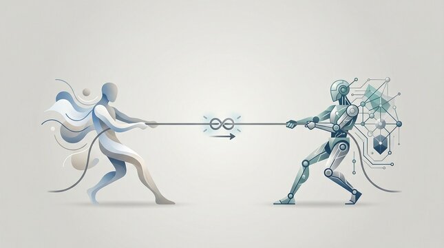 Conceptual illustration of a tug of war between a human silhouette and a robot, symbolizing the competition or balance between human creativity and artificial intelligence