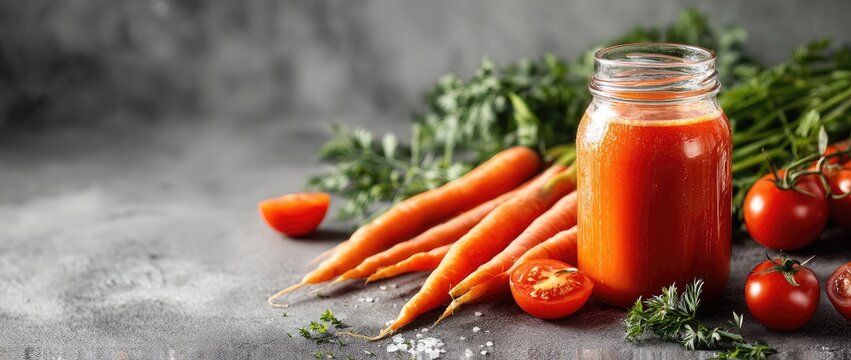 Fresh carrot and tomato juice in jar surrounded by ingredients