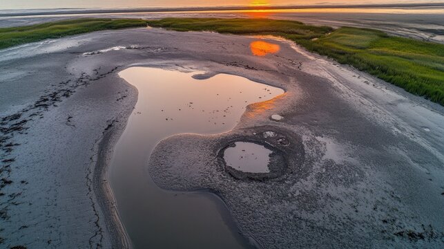 A tranquil, sun-drenched landscape of mudflats at sunset.