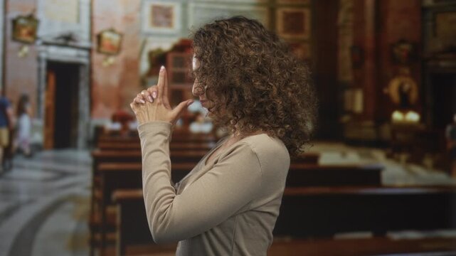 Woman points index finger upward in church building, hands and fingers visible in side profile; devotion prayer reflection.