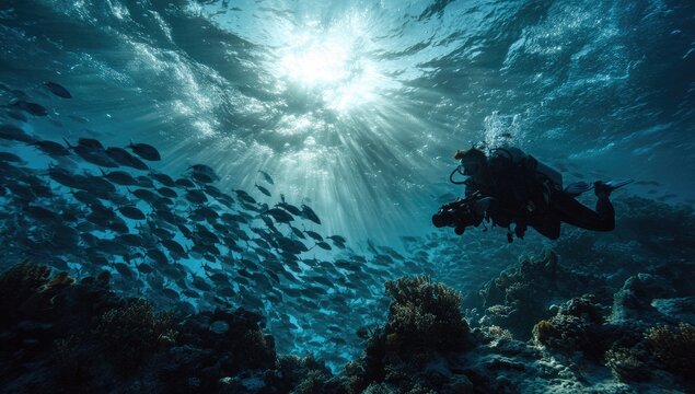 Sunbeams pierce deep blue ocean depths illuminating a diver and schooling fish