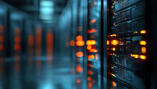 Rows of glowing server racks in a dark, futuristic data center aisle