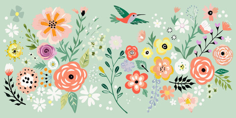 Fototapeta premium A vibrant illustration of colorful flowers and a hummingbird in flight