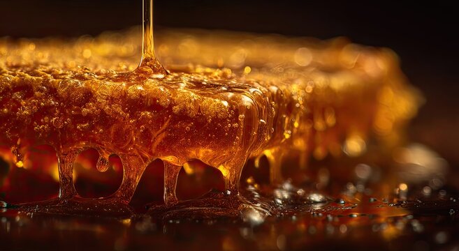 Golden honey drips onto a honeycomb, creating a sweet, viscous cascade