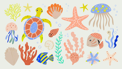 Colorful illustration of marine life including turtles jellyfish and coral © bashanti