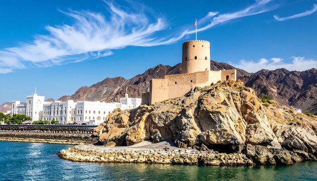 Fort Mutrah, a historic fortress overlooking the sea in Muscat, Oman.