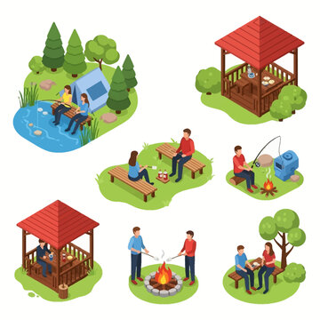 Isometric vector set of various outdoor recreation scenes featuring people camping in a tent, fishing at a lake, roasting marshmallows over a campfire, and relaxing in wooden garden gazebos.