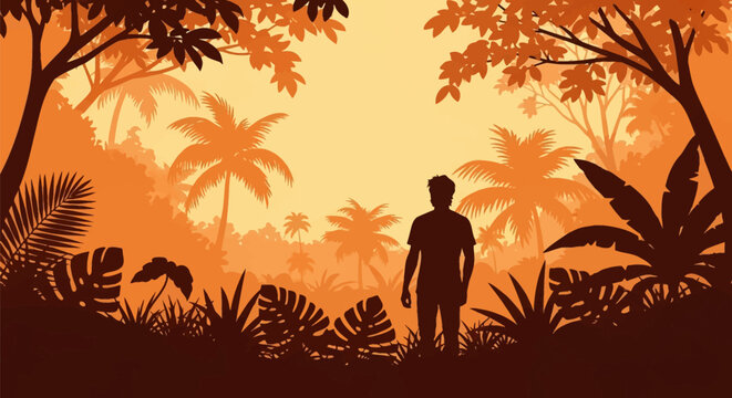 Silhouette of a man standing in a dense tropical jungle with palm trees and monstera leaves under a warm orange sunset sky, vector illustration of a forest landscape.