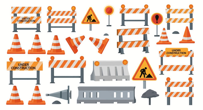 Vector set of road construction elements featuring orange and white striped traffic barriers, safety cones, concrete jersey barriers, and warning signs isolated on white background.