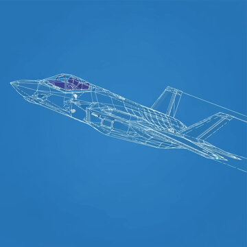 Technical wireframe illustration of an F-35 Lightning II stealth fighter jet in flight against a solid blue background, displaying military aviation CAD design and 3D modeling.