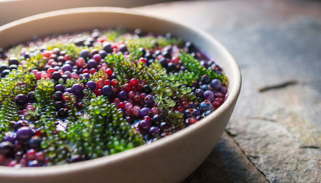 Closeup of vibrant green sea grapes and colorful berries in a bowl.