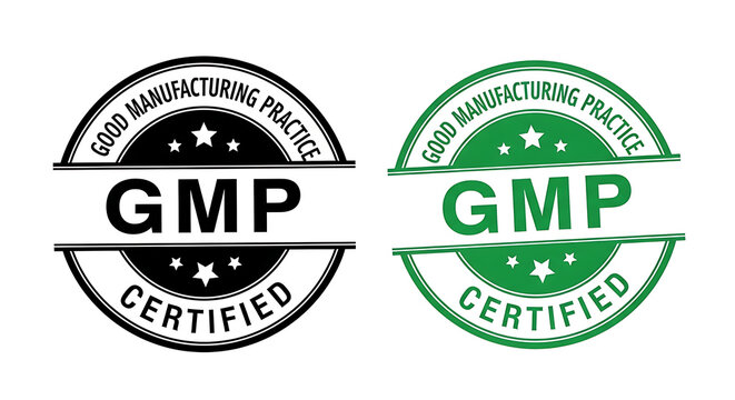 Gmp certified badges in black and green isolated on white background